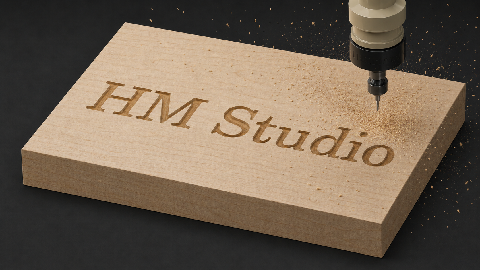 CNC router cutting the HM Studio name into a thick wood panel with visible wood chips